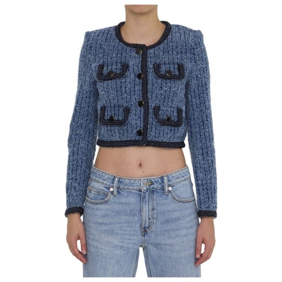 Like new self-portrait Textured Denim Jacket in Blue tweed blazer suit - Picture 2 of 5